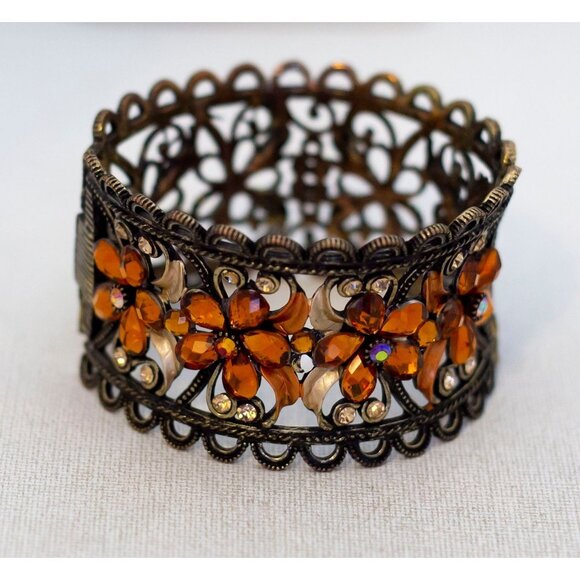7 inch, Vintage Vibrant Floral Rhinestones Aristocratic Hinged Bangle - AX9 - Picture 1 of 4